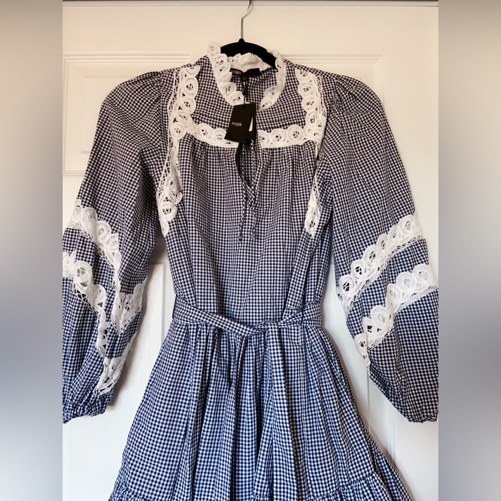 NWT $385 Maje Ritchy Gingham & Lace Dress White Size 40 - Picture 6 of 8